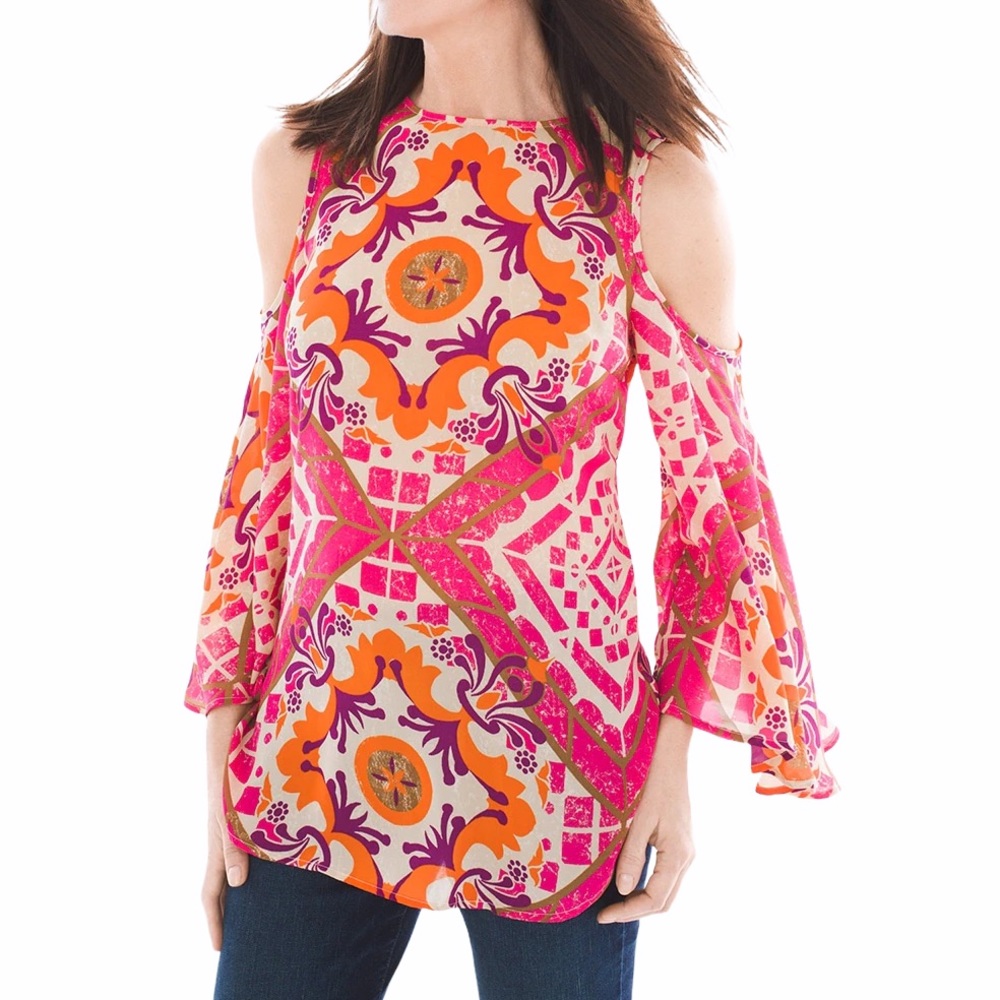 🧡NEW Chico's Vibrant Tiles Cold-Shoulder Flowy Top🧡